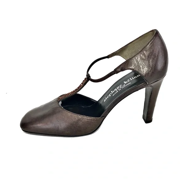 Stephane Kelian Bronze Leather Beaded T-Strap Heels - Picture 10 of 13